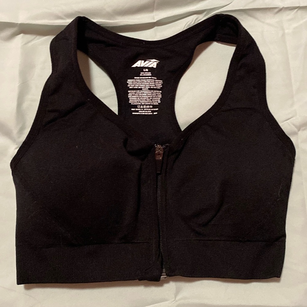 Black Avita Front Zip Sports Bra, Size Large